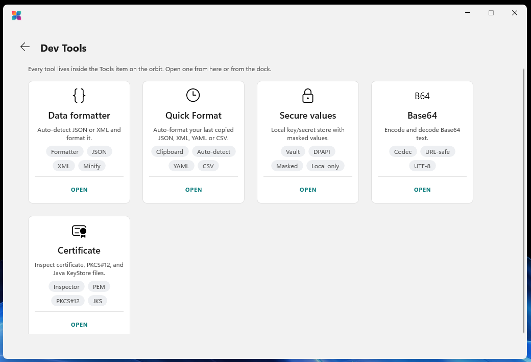 The Dev Tools screen listing five built-in tools.