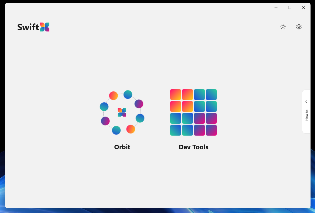 The SwiftX app home screen with Orbit and Dev Tools boxes.