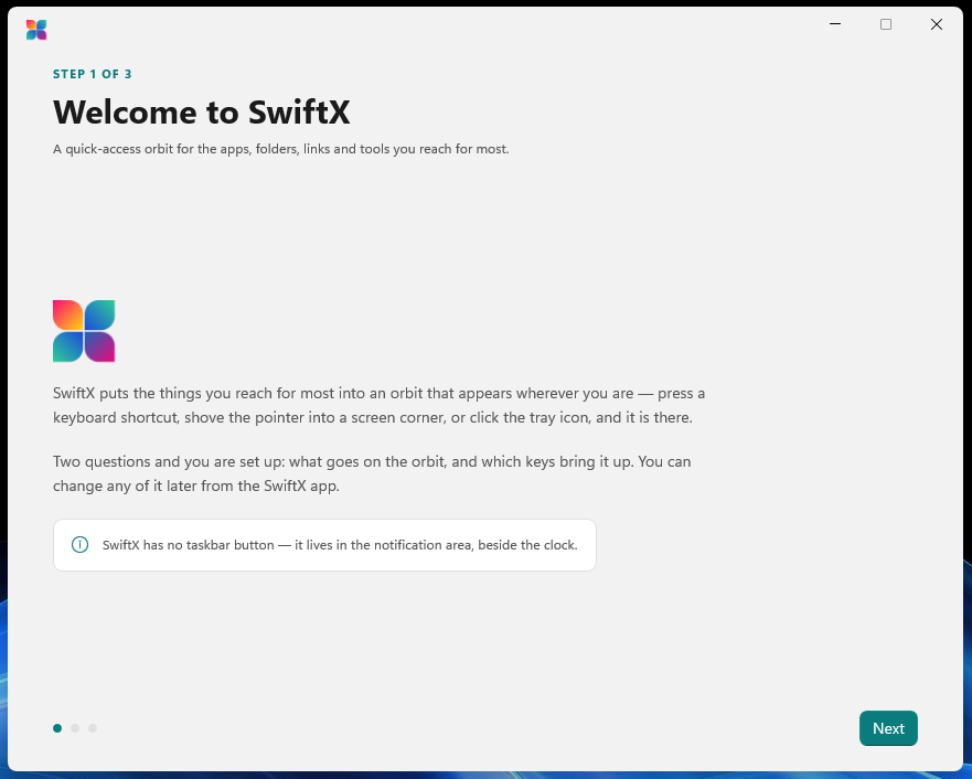 Step one of the SwiftX set-up guide: Welcome to SwiftX.