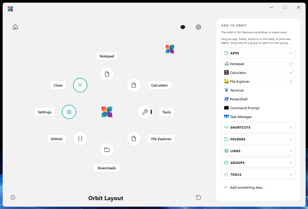 The Orbit screen with the sidebar showing apps, shortcuts and links to add.