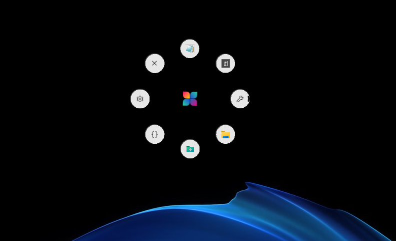 The SwiftX orbit summoned over the Windows desktop, eight items around the four-petal hub.