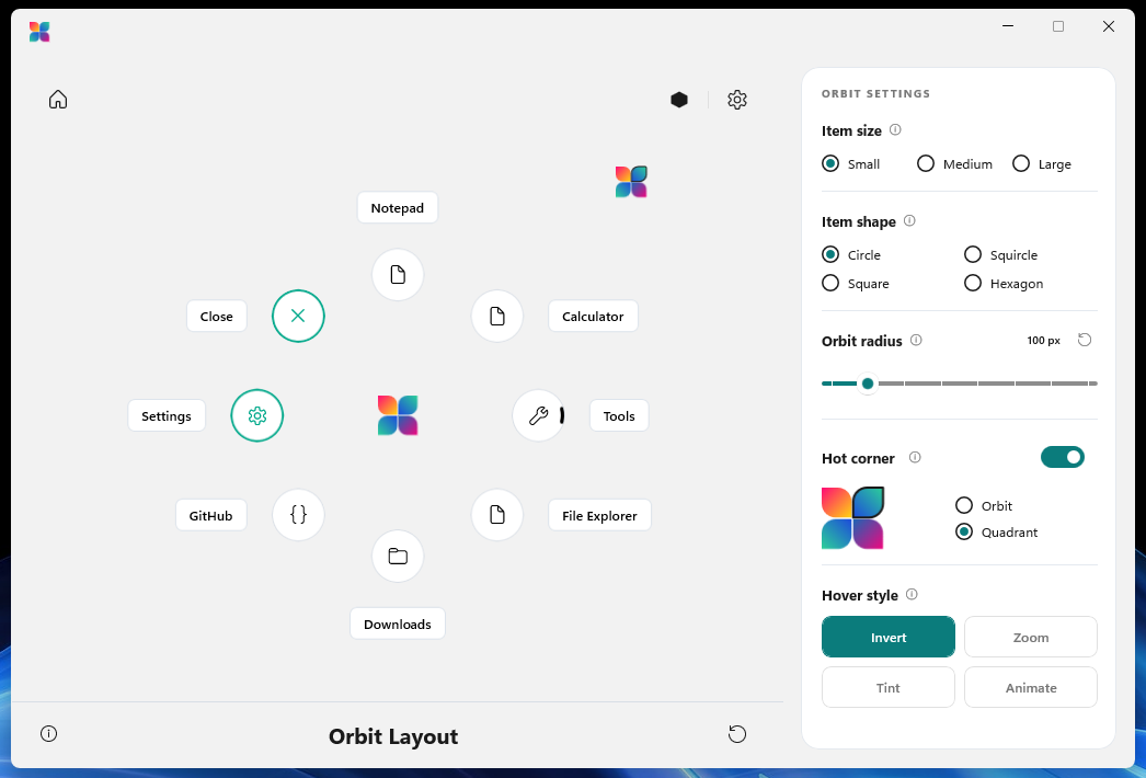 The Orbit layout canvas with item size, shape, radius, hot corner and hover style settings.