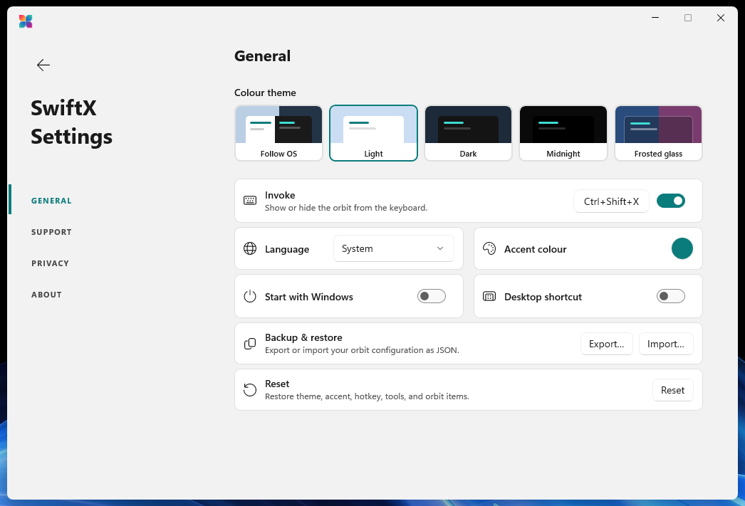 SwiftX Settings, General section, with five theme cards and the Invoke shortcut.